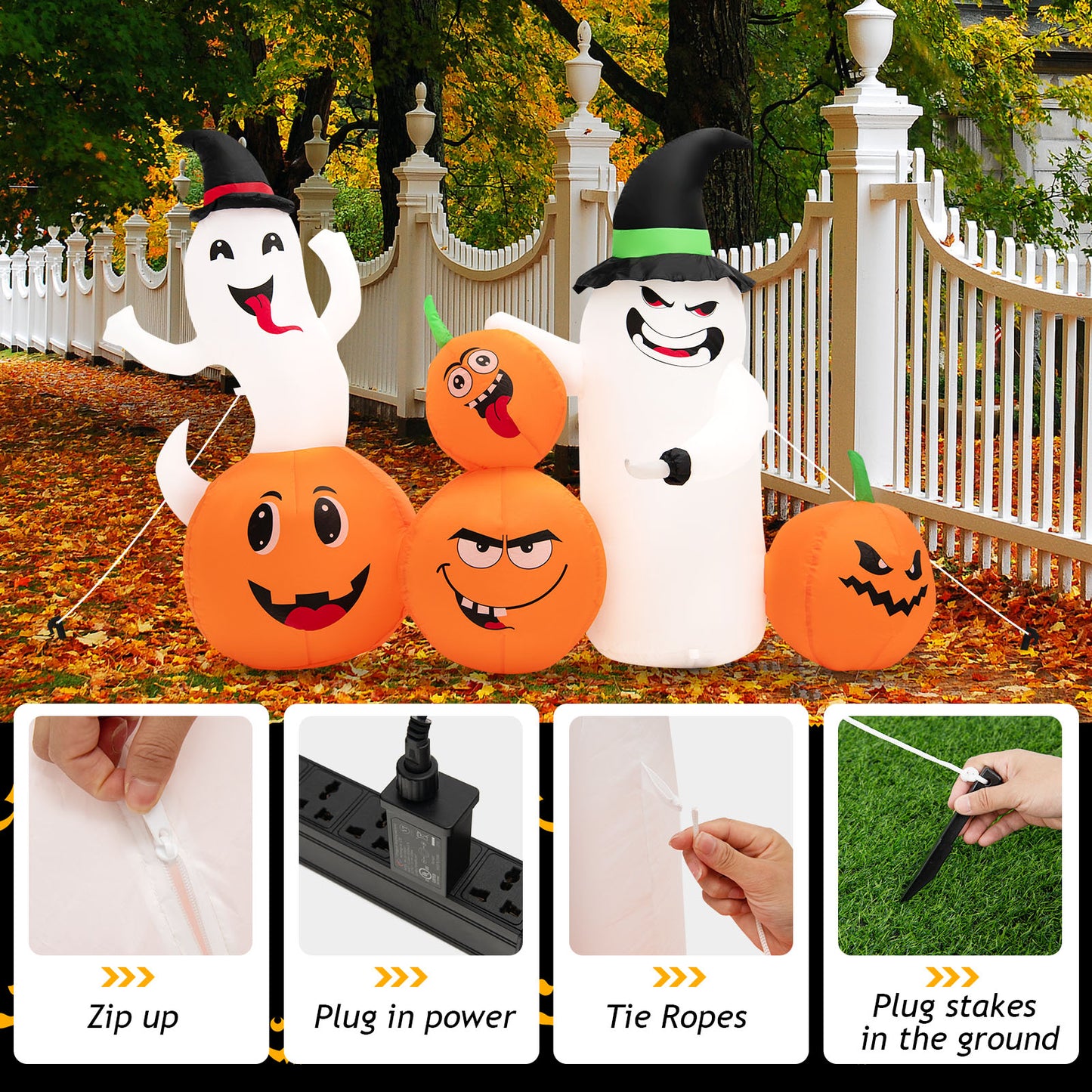 Topbuy 6 FT Halloween Inflatable Pumpkins & Ghosts Indoor Outdoor Party Decoration w/Bright LED Lights Powerful Blower Blow up Pumpkin Ghost w/ Witch Wizard Hat
