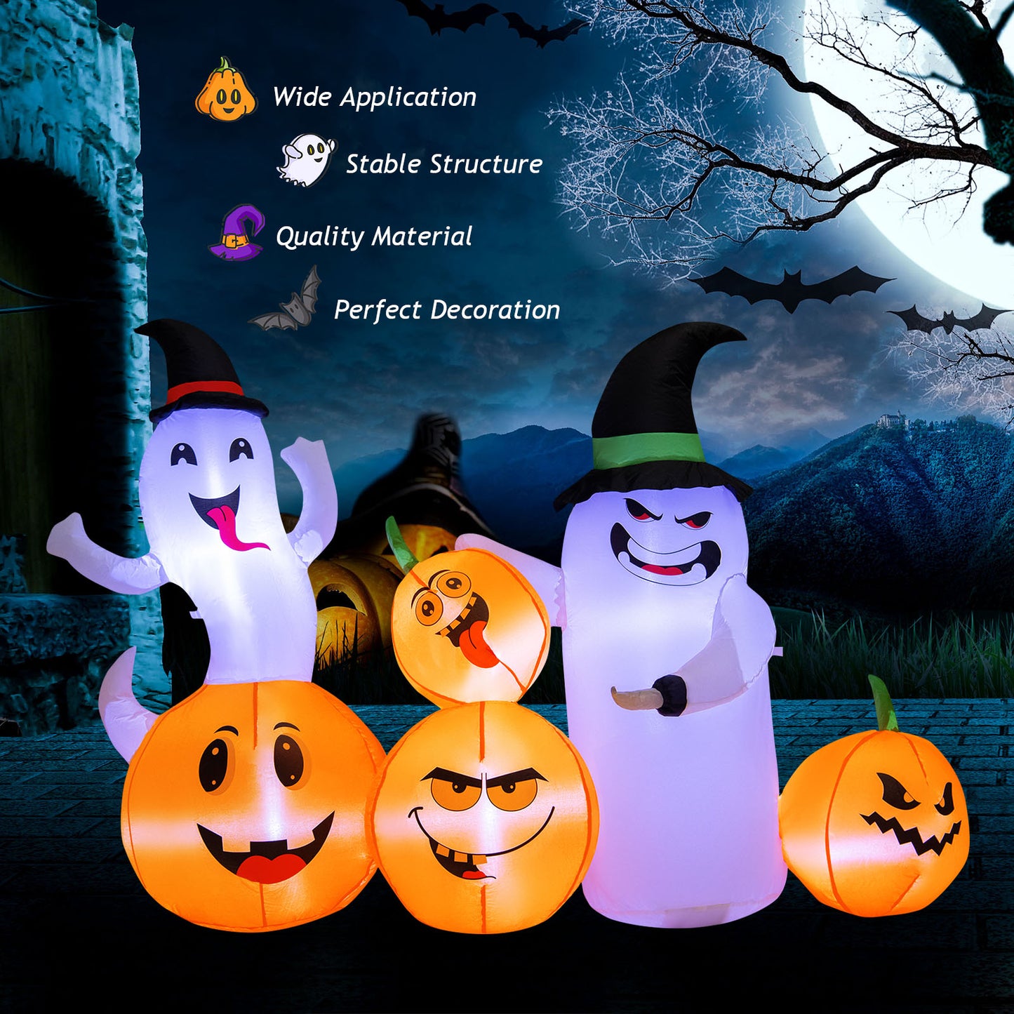 Topbuy 6 FT Halloween Inflatable Pumpkins & Ghosts Indoor Outdoor Party Decoration w/Bright LED Lights Powerful Blower Blow up Pumpkin Ghost w/ Witch Wizard Hat
