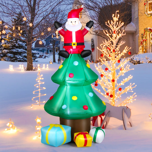 Topbuy 7FT Christmas Inflatable Christmas Tree & Santa Claus w/ LEDs & Air Blower Blow Up Yard Decoration Inflates Christmas Tree w/ Gift Boxes and Star