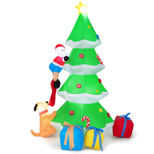 Topbuy 7FT Inflatable Santa Claus Climbing Christmas Tree Chased by Dogs Lighted Blowup Decoration Tree with Ground Stakes & Sandbags
