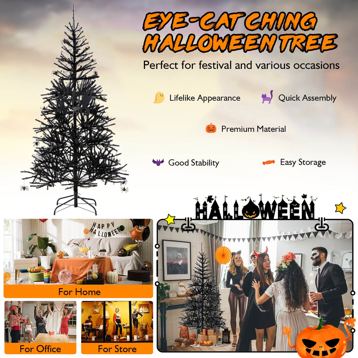 Topbuy 6FT Black Halloween Tree Artificial Hinged PVC Christmas Tree w/250 LED lights