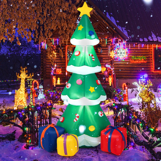 Topbuy 6FT Inflatable Christmas Tree Blow Up Xmas Tree w/ Treetop Star Colorful Candy Gift Box Built-in Bright LED Self-Inflating Holiday Decor