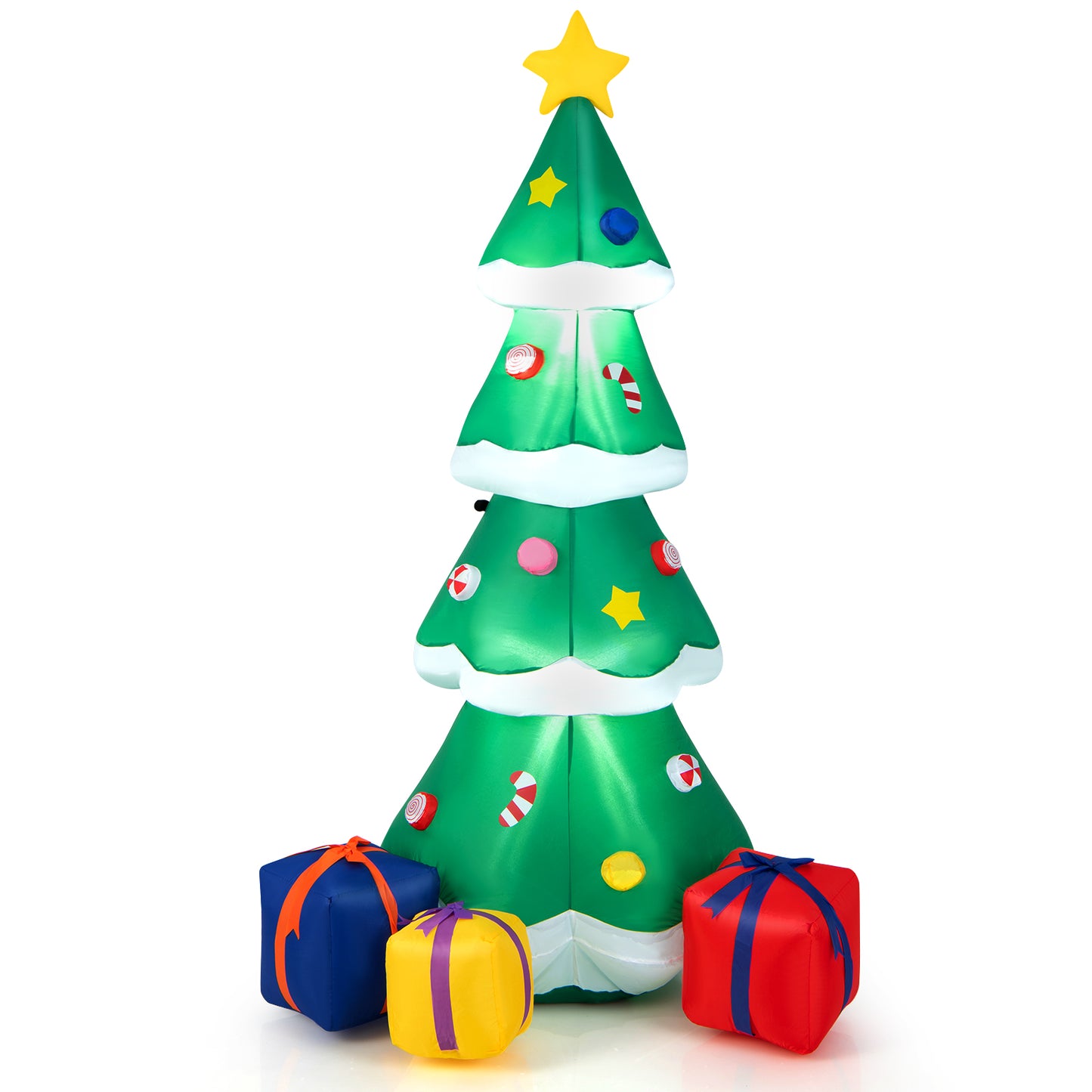 Topbuy 6FT Inflatable Christmas Tree Blow Up Xmas Tree w/ Treetop Star Colorful Candy Gift Box Built-in Bright LED Self-Inflating Holiday Decor