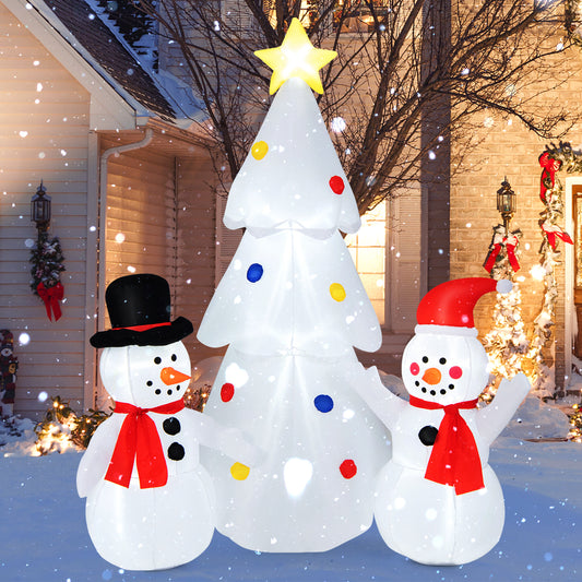 Topbuy 6Ft Christmas Inflatable Tree with Snowman Outdoor Inflatable Xmas White Tree Decorations with Built-in Bright Lights
