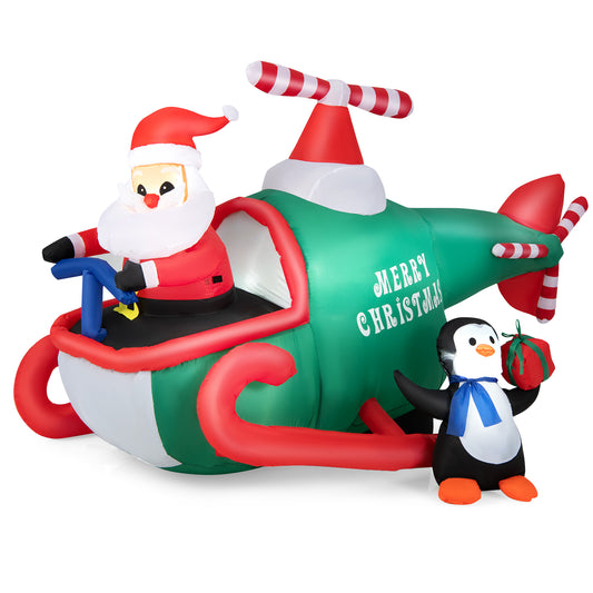 Topbuy 6.5FT Long Christmas Inflatable Santa Claus Penguins on Helicopter Blow-up Santa Claus Flying Airplane Xmas Decoration w/ Bright LED Lights