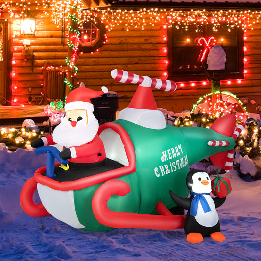Topbuy 6.5FT Long Christmas Inflatable Santa Claus Penguins on Helicopter Blow-up Santa Claus Flying Airplane Xmas Decoration w/ Bright LED Lights