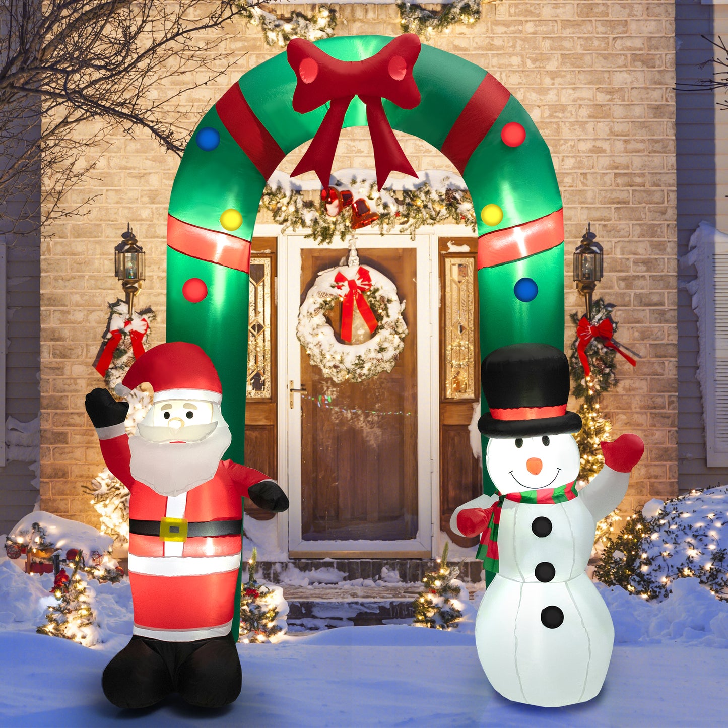 Topbuy 8FT Tall Christmas Inflatable Santa Claus and Snowman Archway, Large Blow Up Arch Decor w/ Bright LED Lights Sandbags Stakes & Ropes