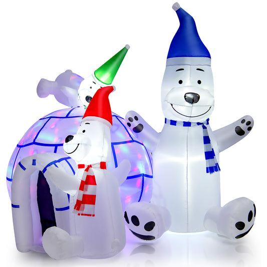 Topbuy 6FT Long Christmas Inflatable Polar Bears & Igloo Big Blow Up Polar Bear Family Decoration w/ Colorful Bright LED Lights Stakes & Ropes