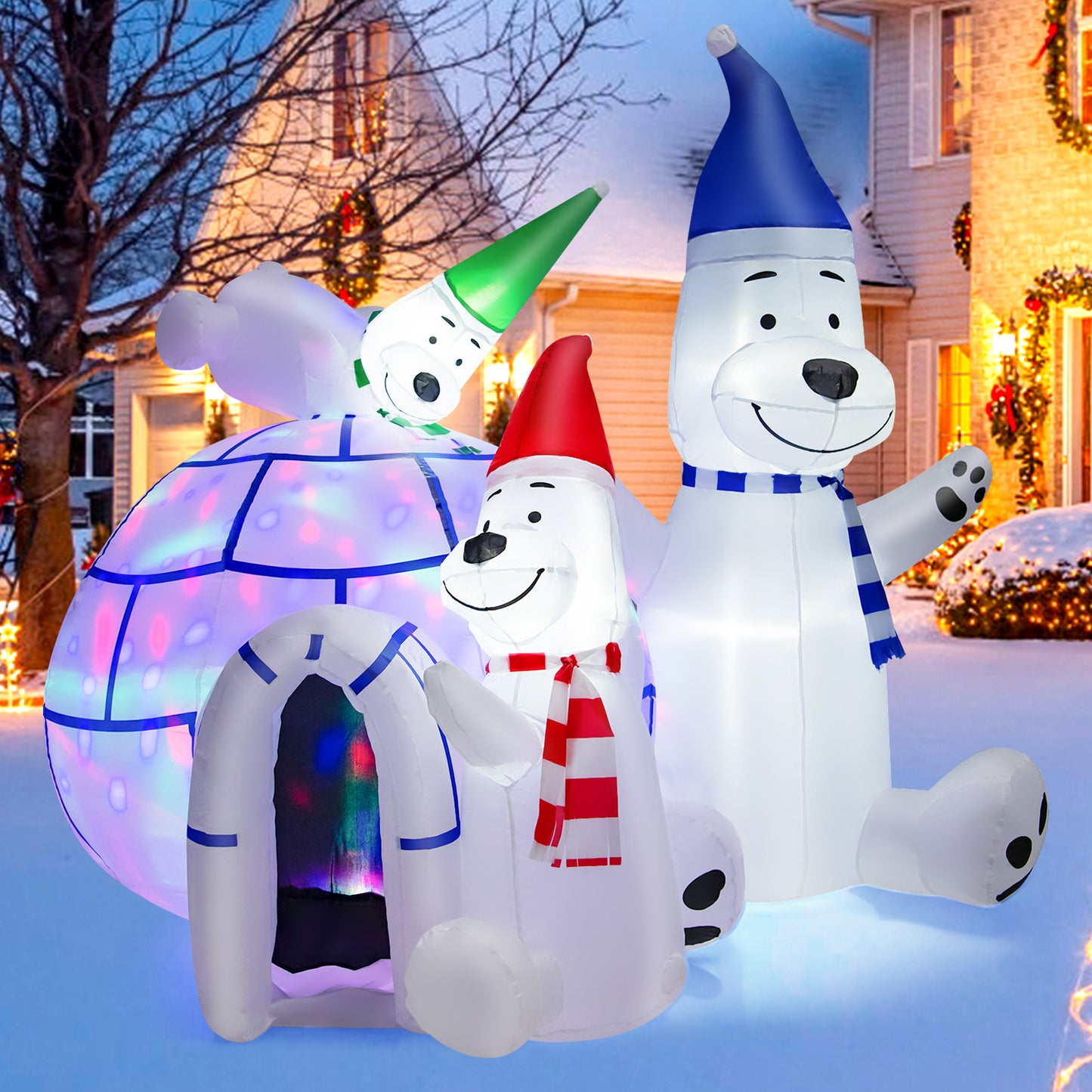 Topbuy 6FT Long Christmas Inflatable Polar Bears & Igloo Big Blow Up Polar Bear Family Decoration w/ Colorful Bright LED Lights Stakes & Ropes