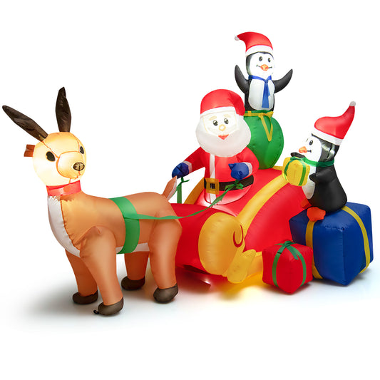 Topbuy 6FT Long Christmas Inflatable Santa Claus & Penguin on Sleigh Blow Up Reindeer Pulling Sleigh Lighted Inflatable Santa Claus Carrying Gifts