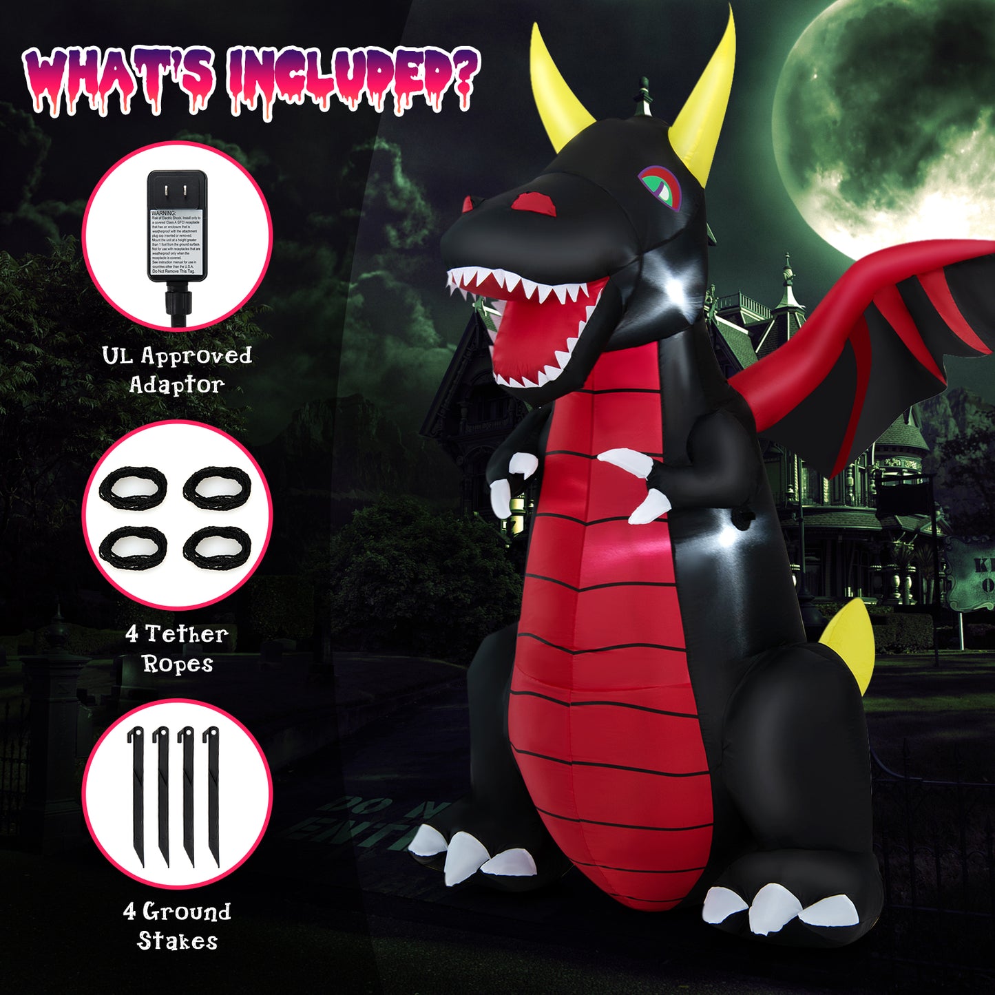 Topbuy 8 FT Tall Halloween Inflatable Dragon Indoor Outdoor Blow up Decoration w/Wing Tail, Bright Internal Lights Giant Animated Dragon