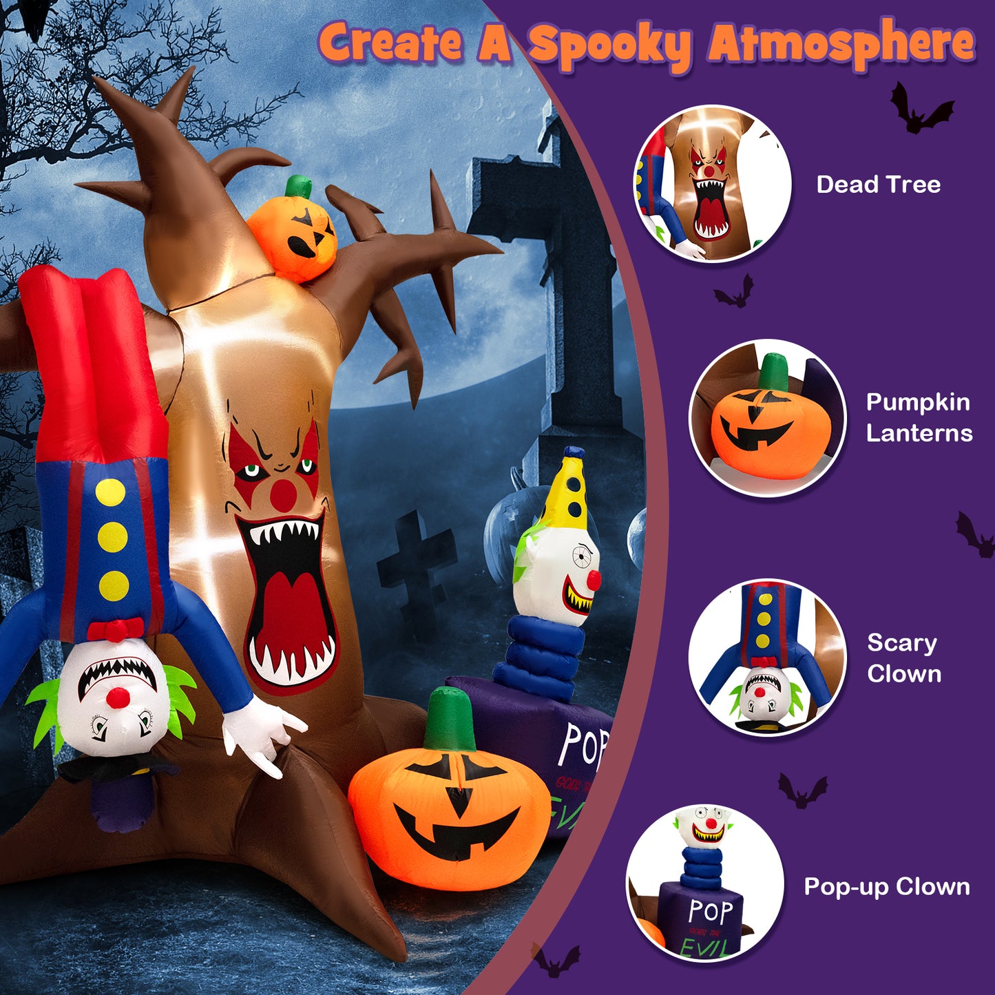 Topbuy 8FT Tall Halloween Inflatable Decoration Blow Up Dead Tree & Pumpkins & Scary Clowns, Bright LED Lights, Air Blower Self-inflate Decoration
