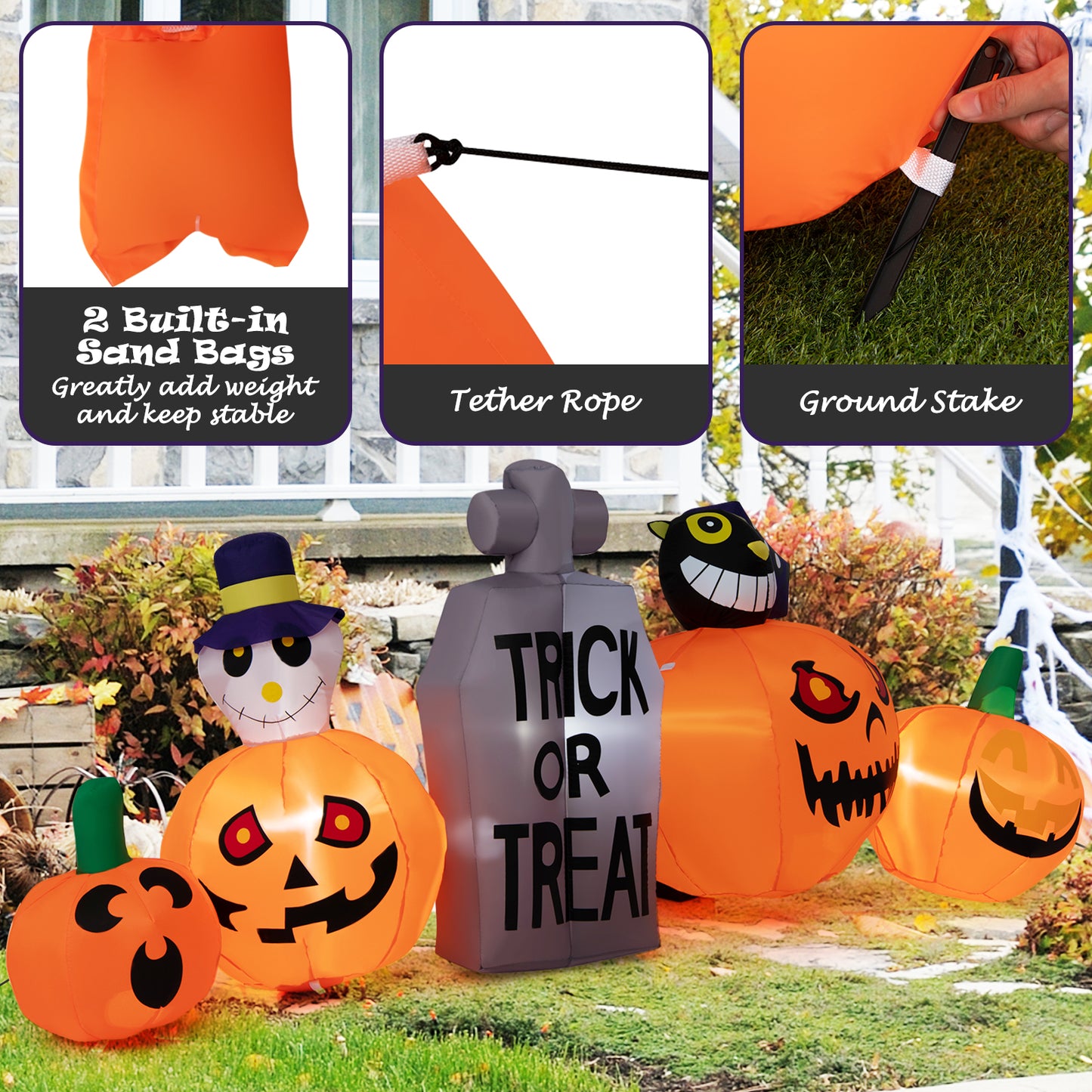 Topbuy 8 FT Long Halloween Inflatable Pumpkins Blow up Yard Decoration w/Pumpkins Tombstone Black Cat Lighted Halloween Outdoor Pumpkin
