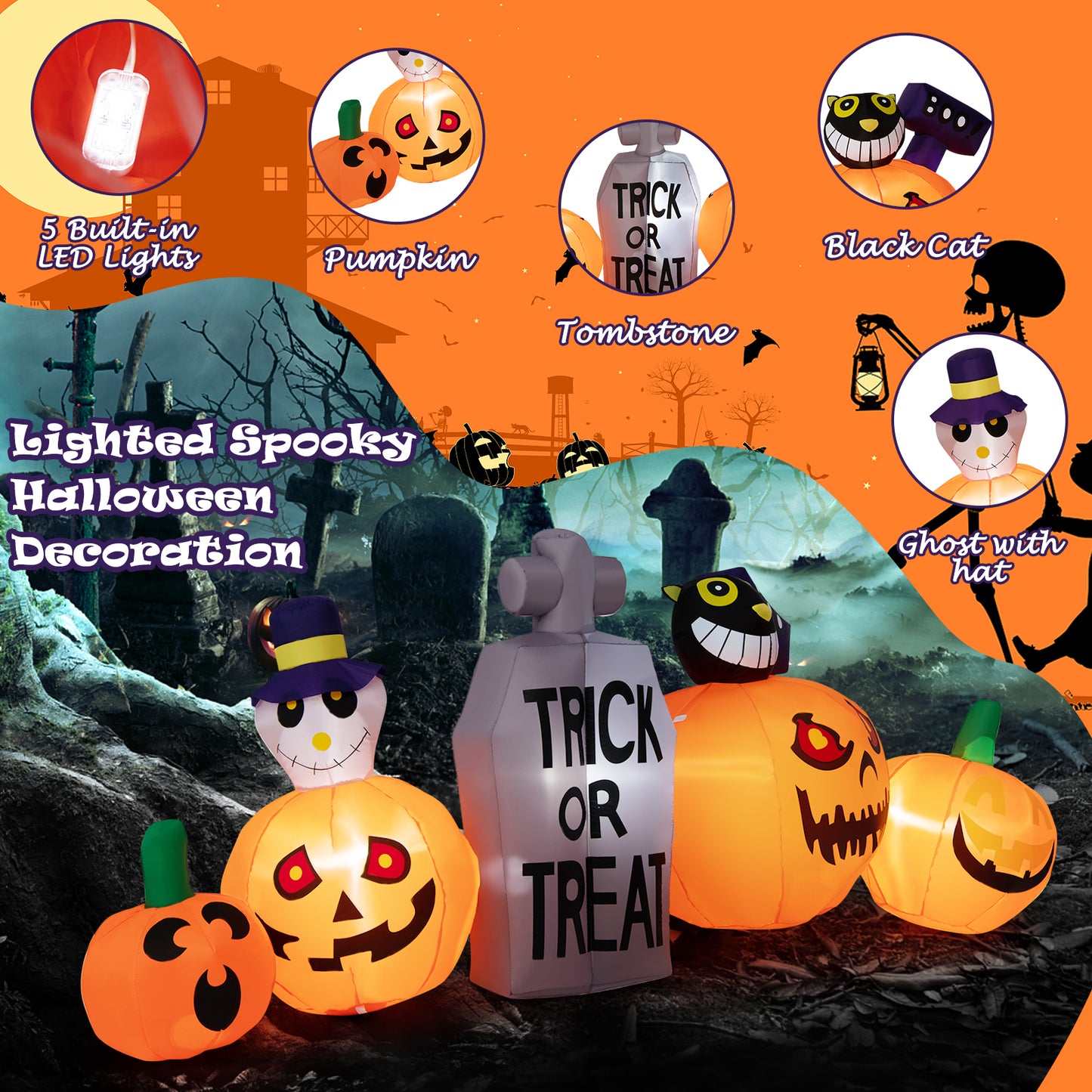 Topbuy 8 FT Long Halloween Inflatable Pumpkins Blow up Yard Decoration w/Pumpkins Tombstone Black Cat Lighted Halloween Outdoor Pumpkin