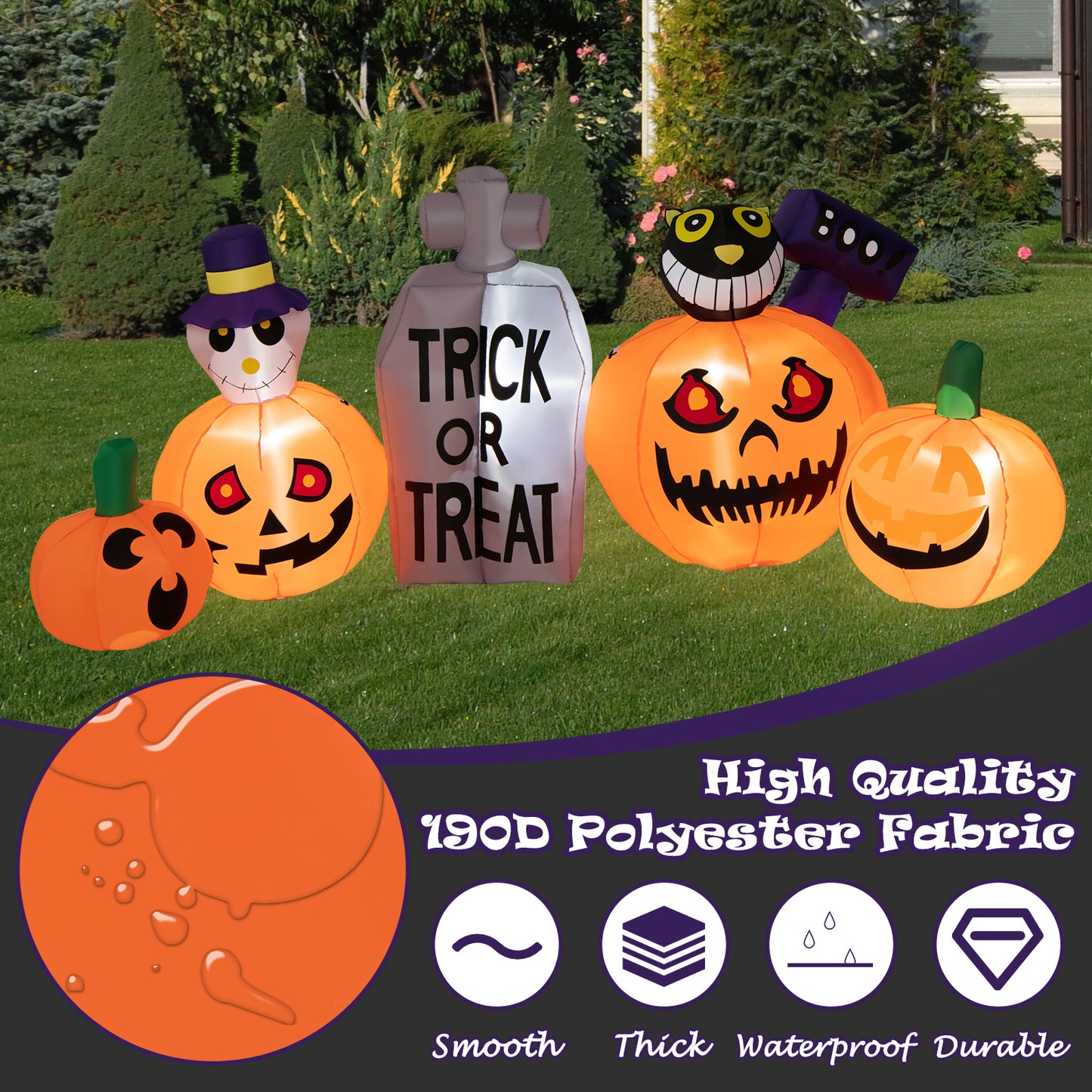 Topbuy 8 FT Long Halloween Inflatable Pumpkins Blow up Yard Decoration w/Pumpkins Tombstone Black Cat Lighted Halloween Outdoor Pumpkin