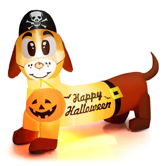 Topbuy 5.5 FT Long Halloween Inflatable Decoration Blow Up Dachshund Wiener Dog w/ Pirate Hat & Pumpkin Built-in LED Lights