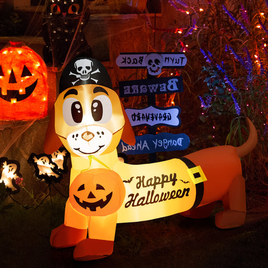 Topbuy 5.5 FT Long Halloween Inflatable Decoration Blow Up Dachshund Wiener Dog w/ Pirate Hat & Pumpkin Built-in LED Lights