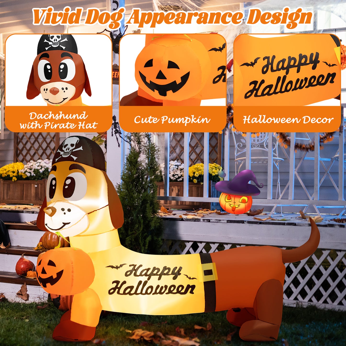 Topbuy 5.5 FT Long Halloween Inflatable Decoration Blow Up Dachshund Wiener Dog w/ Pirate Hat & Pumpkin Built-in LED Lights