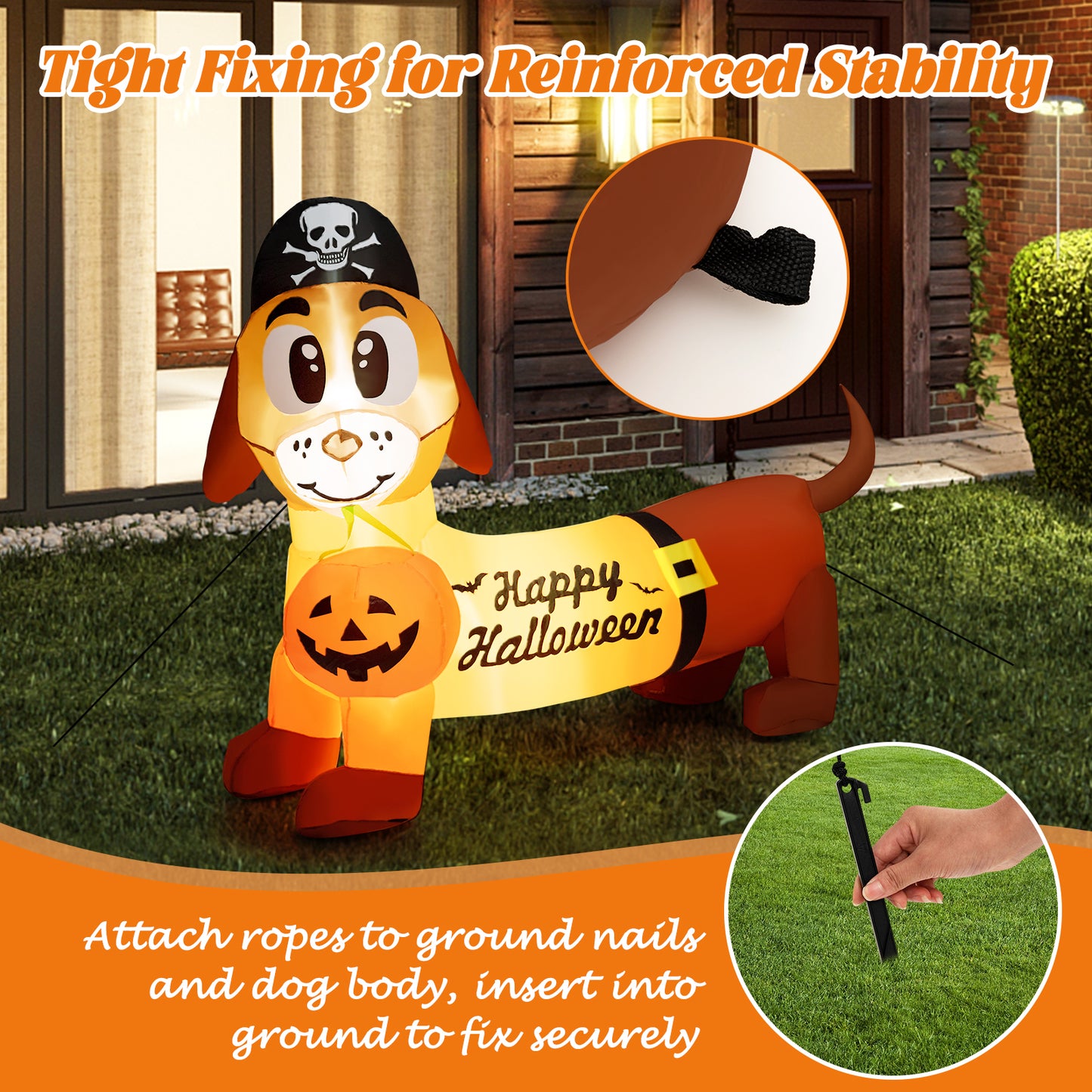 Topbuy 5.5 FT Long Halloween Inflatable Decoration Blow Up Dachshund Wiener Dog w/ Pirate Hat & Pumpkin Built-in LED Lights