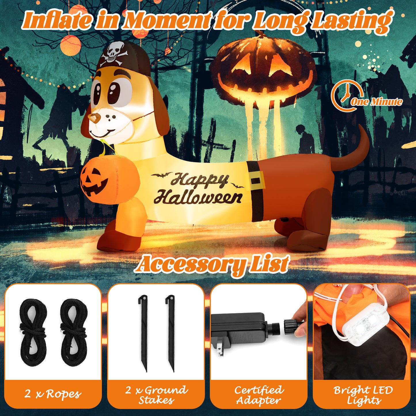 Topbuy 5.5 FT Long Halloween Inflatable Decoration Blow Up Dachshund Wiener Dog w/ Pirate Hat & Pumpkin Built-in LED Lights