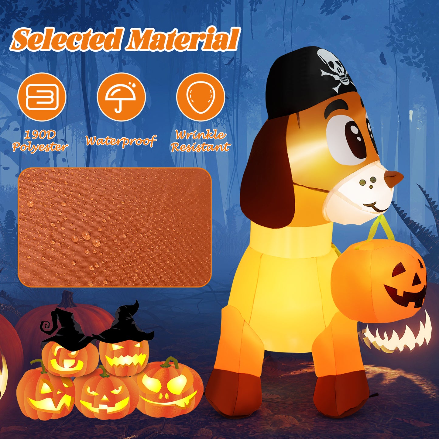 Topbuy 5.5 FT Long Halloween Inflatable Decoration Blow Up Dachshund Wiener Dog w/ Pirate Hat & Pumpkin Built-in LED Lights