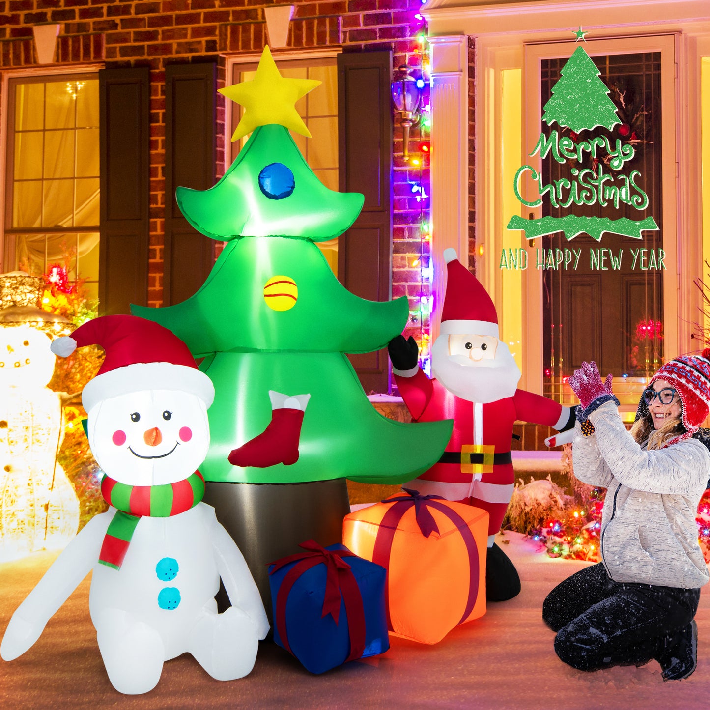 Topbuy 6.5FT Christmas Inflatable Tree Decoration Blow-up Xmas Tree w/ Santa Claus Snowman, Gift Boxes Built-in LED Lights Sandbag Stakes & Ropes