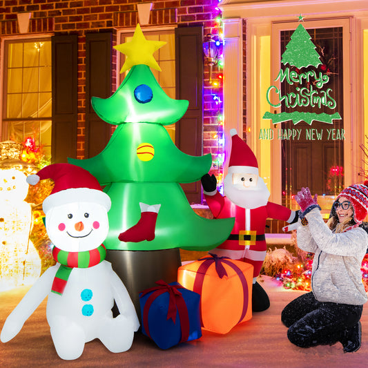 Topbuy 6.5FT Christmas Inflatable Tree Decoration Blow-up Xmas Tree w/ Santa Claus Snowman, Gift Boxes Built-in LED Lights Sandbag Stakes & Ropes