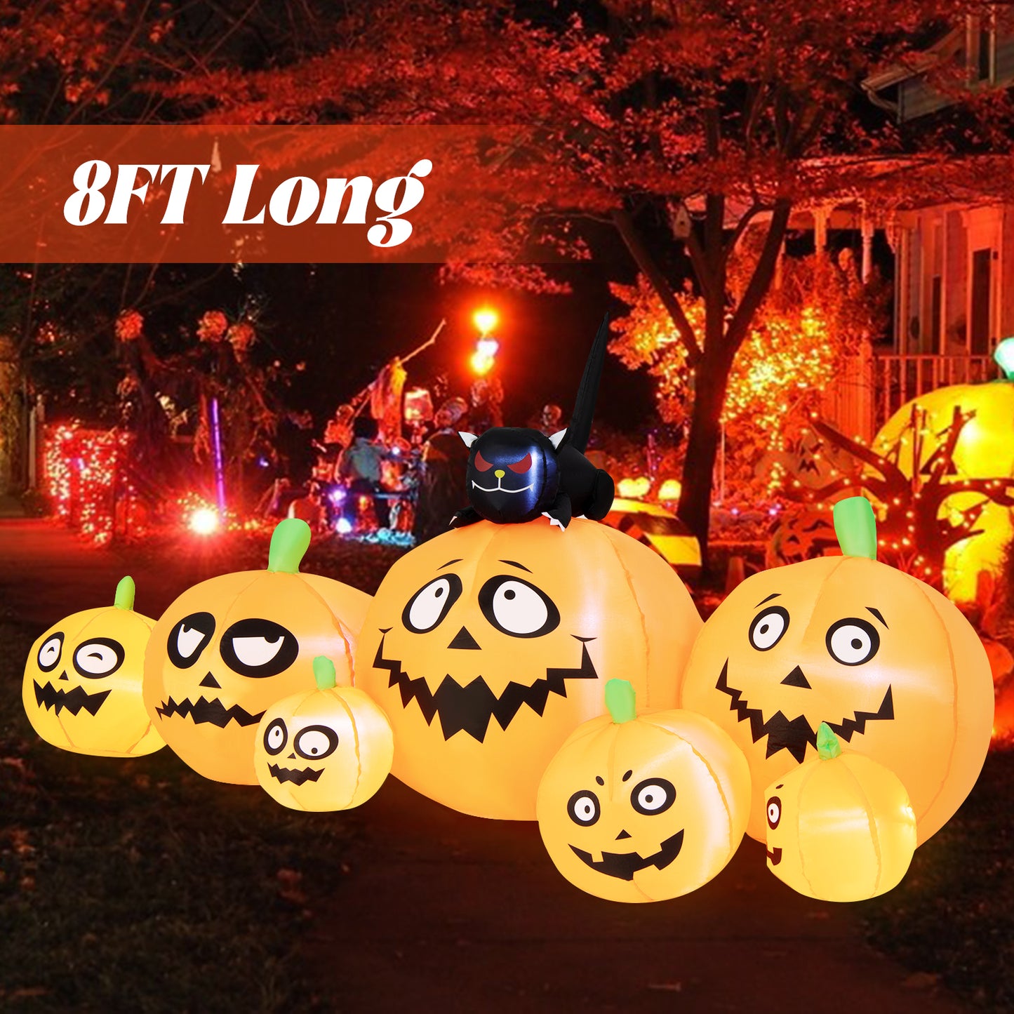 Topbuy 8Ft Long Halloween Inflatable Pumpkin Outdoor Blow Up Deco w/ 7 Pumpkins & 1 Black Cat Built-in Blower 4 Stakes LED Lighted Inflatable Prop