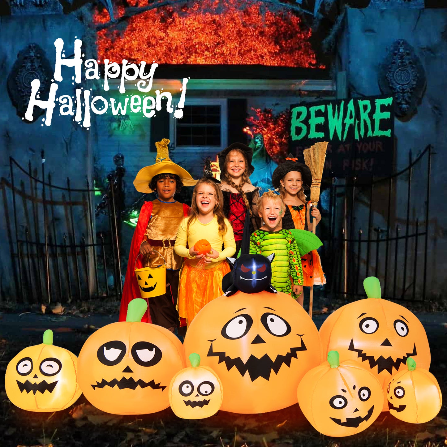 Topbuy 8Ft Long Halloween Inflatable Pumpkin Outdoor Blow Up Deco w/ 7 Pumpkins & 1 Black Cat Built-in Blower 4 Stakes LED Lighted Inflatable Prop
