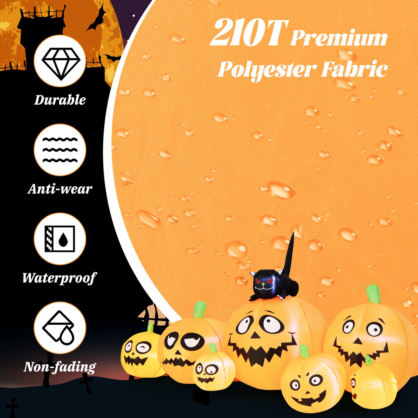 Topbuy 8Ft Long Halloween Inflatable Pumpkin Outdoor Blow Up Deco w/ 7 Pumpkins & 1 Black Cat Built-in Blower 4 Stakes LED Lighted Inflatable Prop