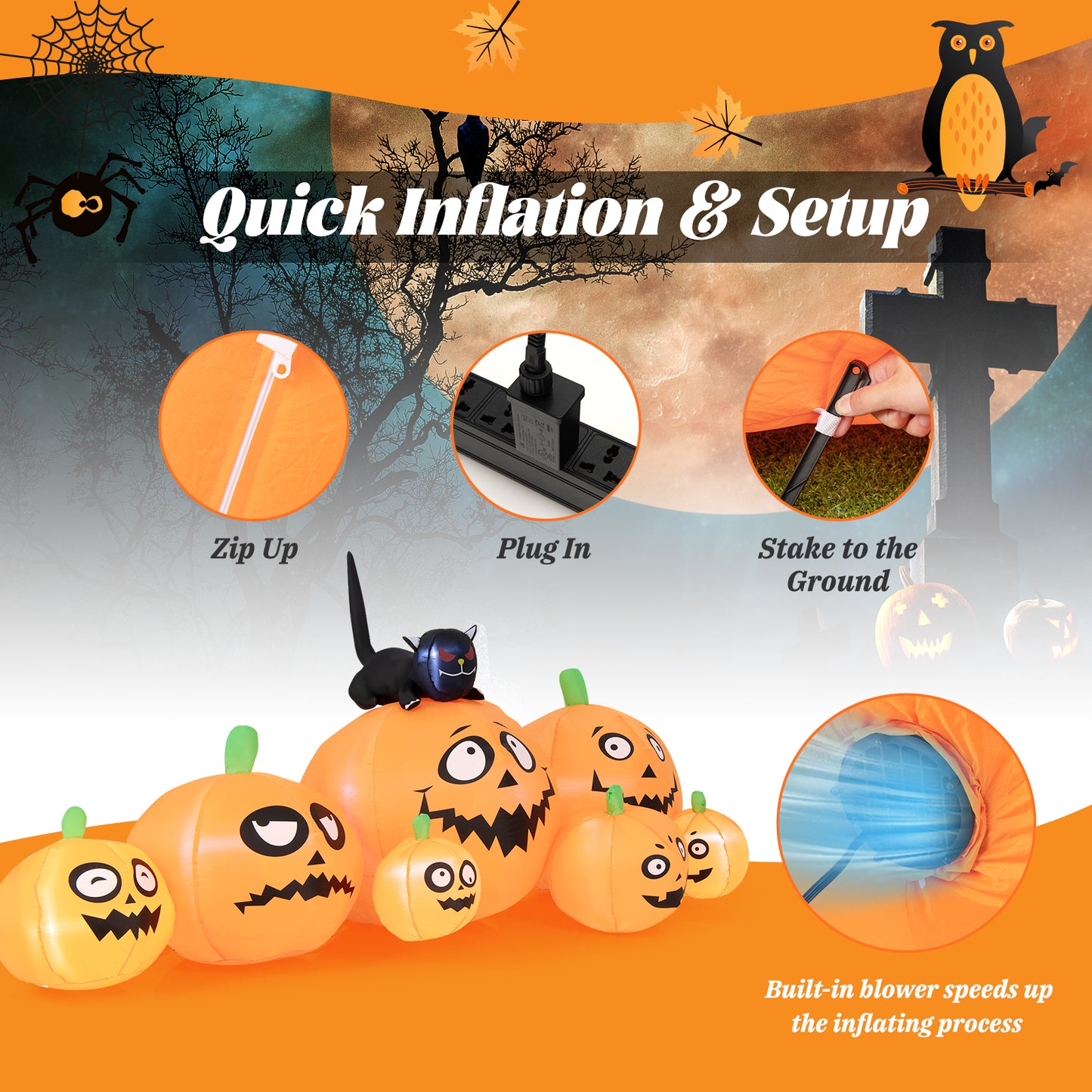 Topbuy 8Ft Long Halloween Inflatable Pumpkin Outdoor Blow Up Deco w/ 7 Pumpkins & 1 Black Cat Built-in Blower 4 Stakes LED Lighted Inflatable Prop