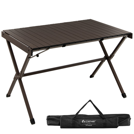 Topbuy Folding Camping Table 4-6 Person Portable Aluminum Camp Table Lightweight Roll Up Table with Carrying Bag for Beach Picnic BBQ and Backyard Brown/Grey