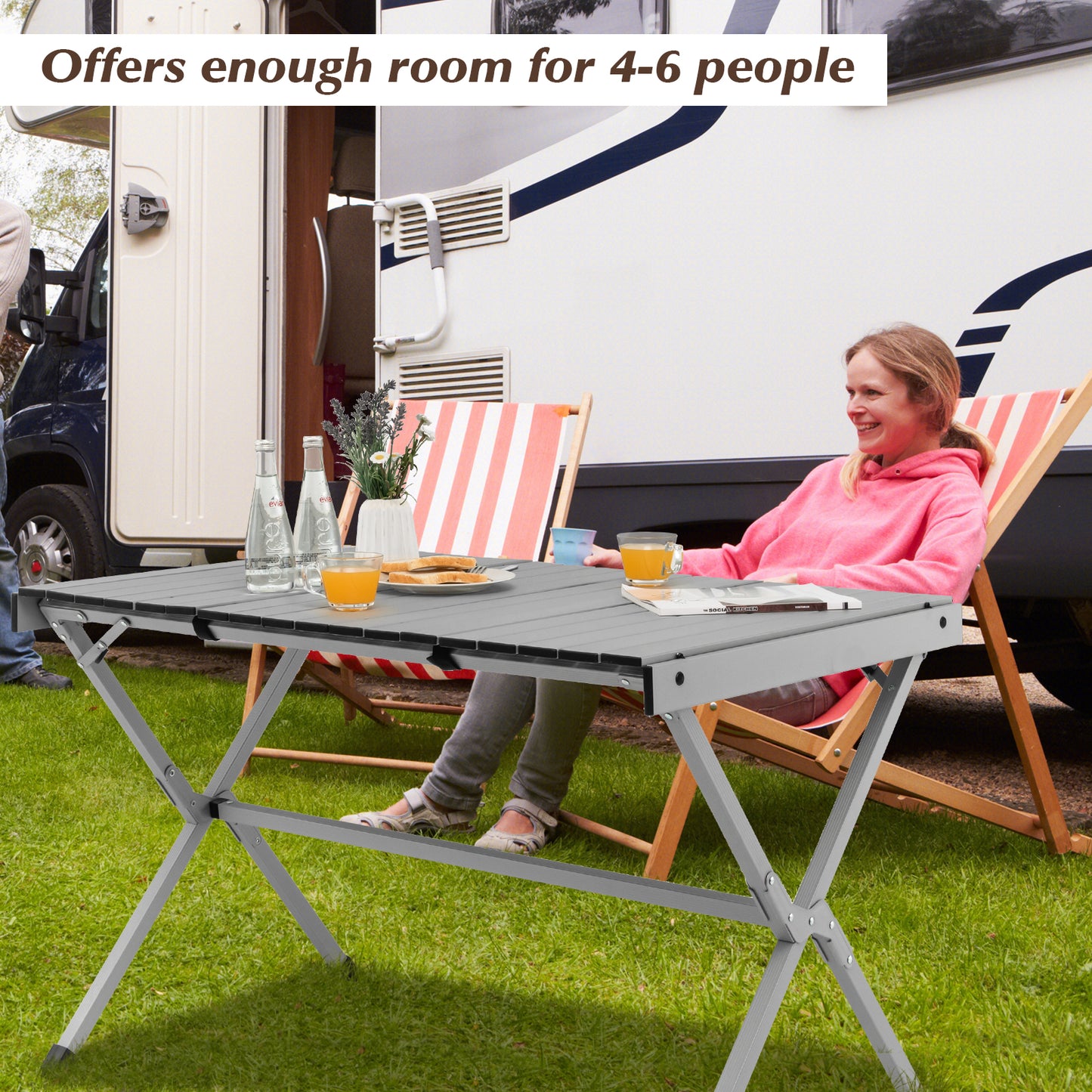 Topbuy Folding Camping Table 4-6 Person Portable Aluminum Camp Table Lightweight Roll Up Table with Carrying Bag for Beach Picnic BBQ and Backyard Brown/Grey