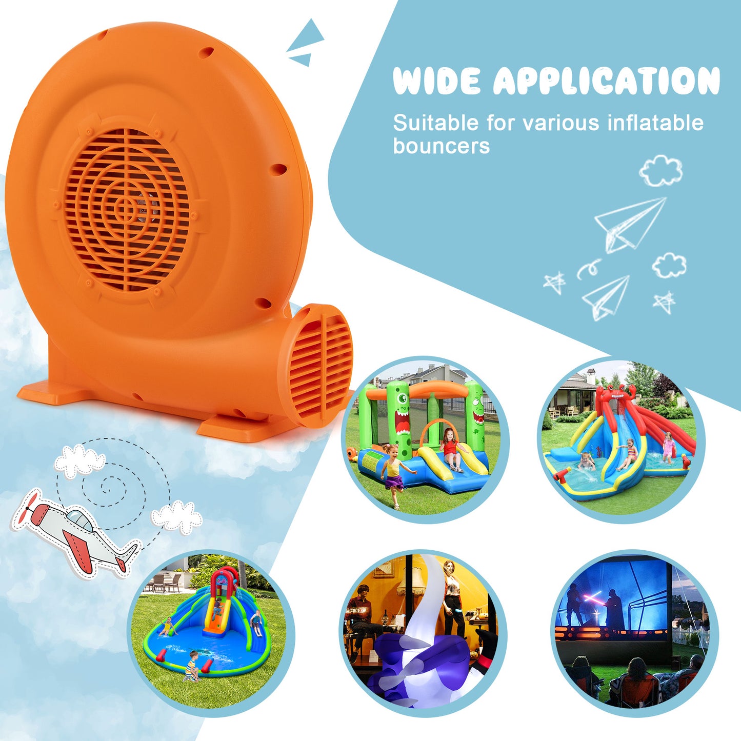 Topbuy Electric Air Blower Inflatable Bouncer Blower with Handle Large Air Outlet Commercial Air Blower for Inflatable Castle and Jump Slides Portable Air Pump Fan with 25FT Wire & Stakes 750Watt 1 HP