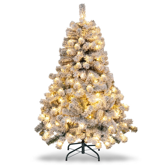 Topbuy 4.5 FT Snow Flocked Christmas Tree Pre-lit Christmas Tree w/295 Branch Tips & 150 Warm White LED Lights