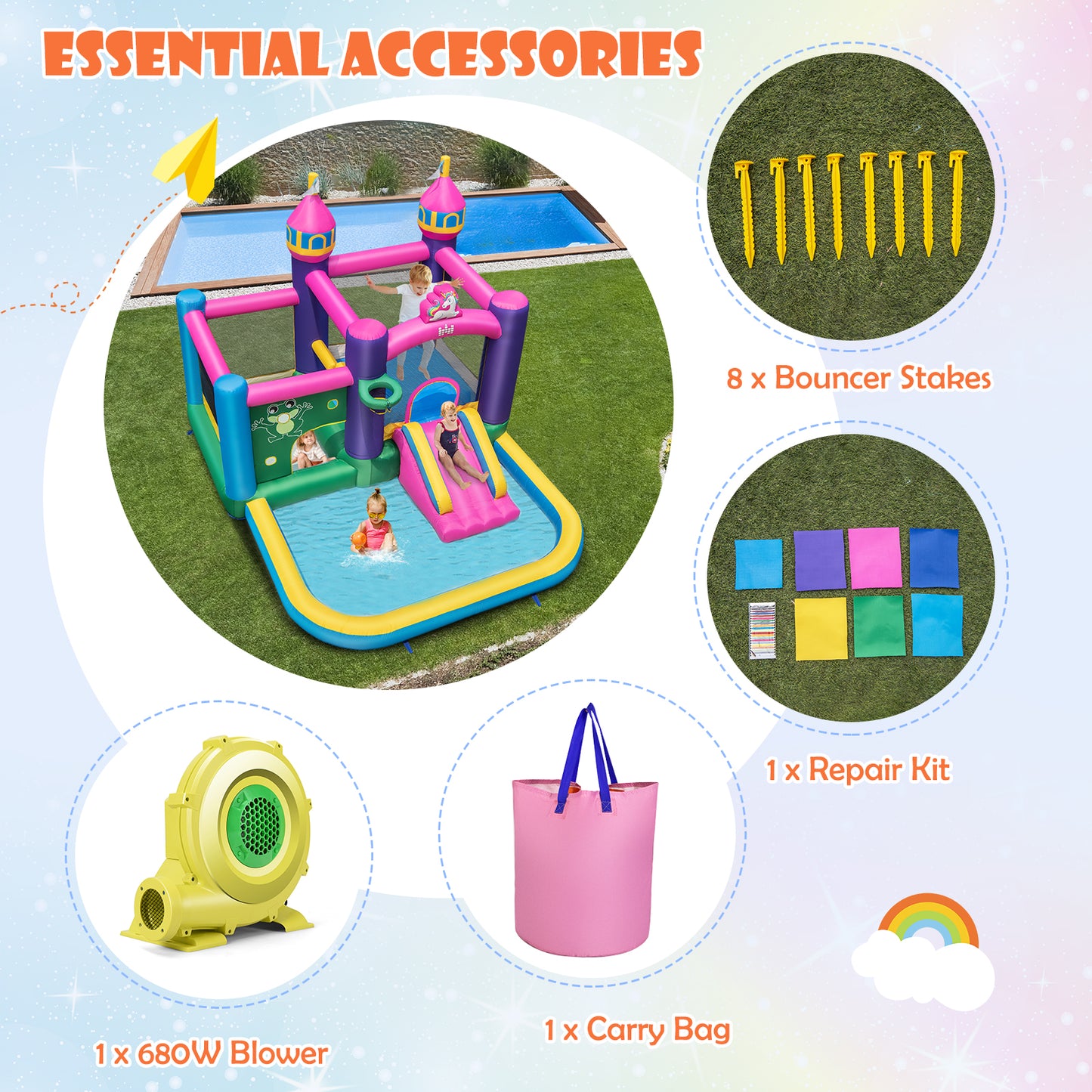 Topbuy Giant Inflatable Kids Water Slide w/ Splash Pool Portable Slide Jumping Castle Indoor Outdoor Backyard Bouncy Center w/ Carry Bag & Bouncer Stakes (with 680W Blower)