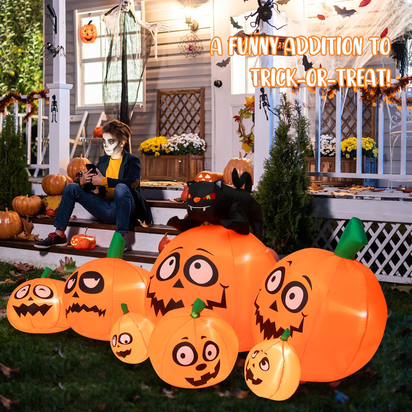 Topbuy 9.5 FT Long Inflatable Pumpkin Combo w/ Black Cat Extra Long Blow-up Pumpkin Halloween Decoration w/ Built-in LED Lights