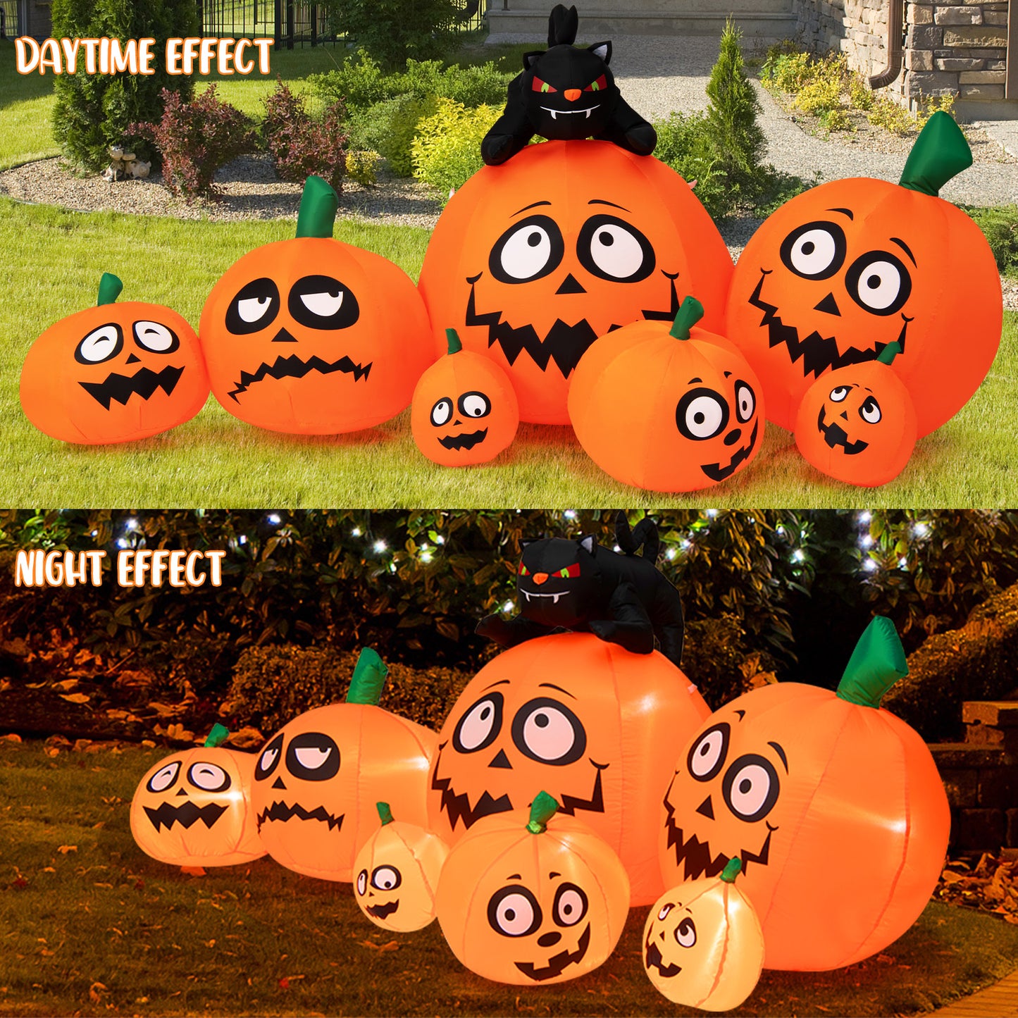 Topbuy 9.5 FT Long Inflatable Pumpkin Combo w/ Black Cat Extra Long Blow-up Pumpkin Halloween Decoration w/ Built-in LED Lights