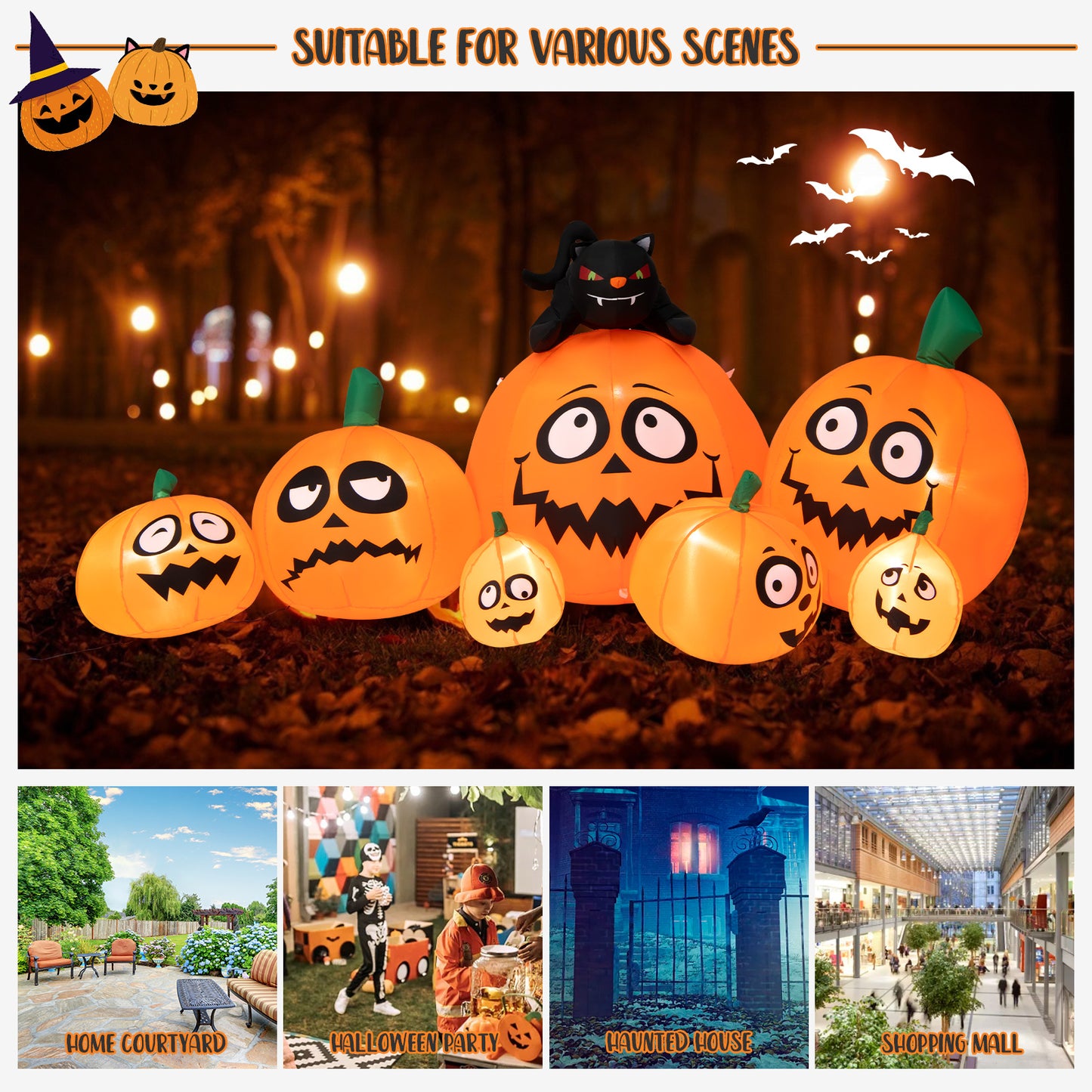 Topbuy 9.5 FT Long Inflatable Pumpkin Combo w/ Black Cat Extra Long Blow-up Pumpkin Halloween Decoration w/ Built-in LED Lights