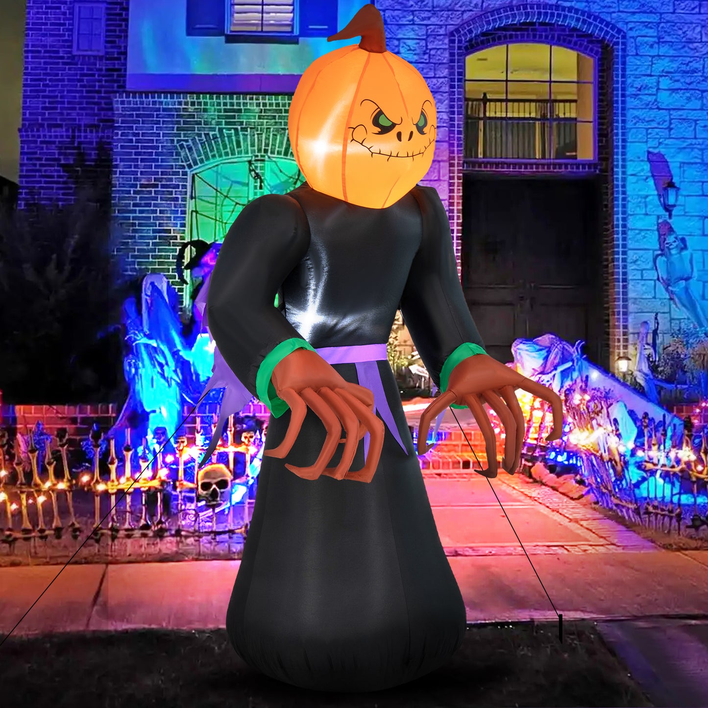 Topbuy 6.5 FT Halloween Inflatable Pumpkin Reaper Giant Blow up Ghost Decoration w/Pumpkin Face Built-in Lights Ground Stakes