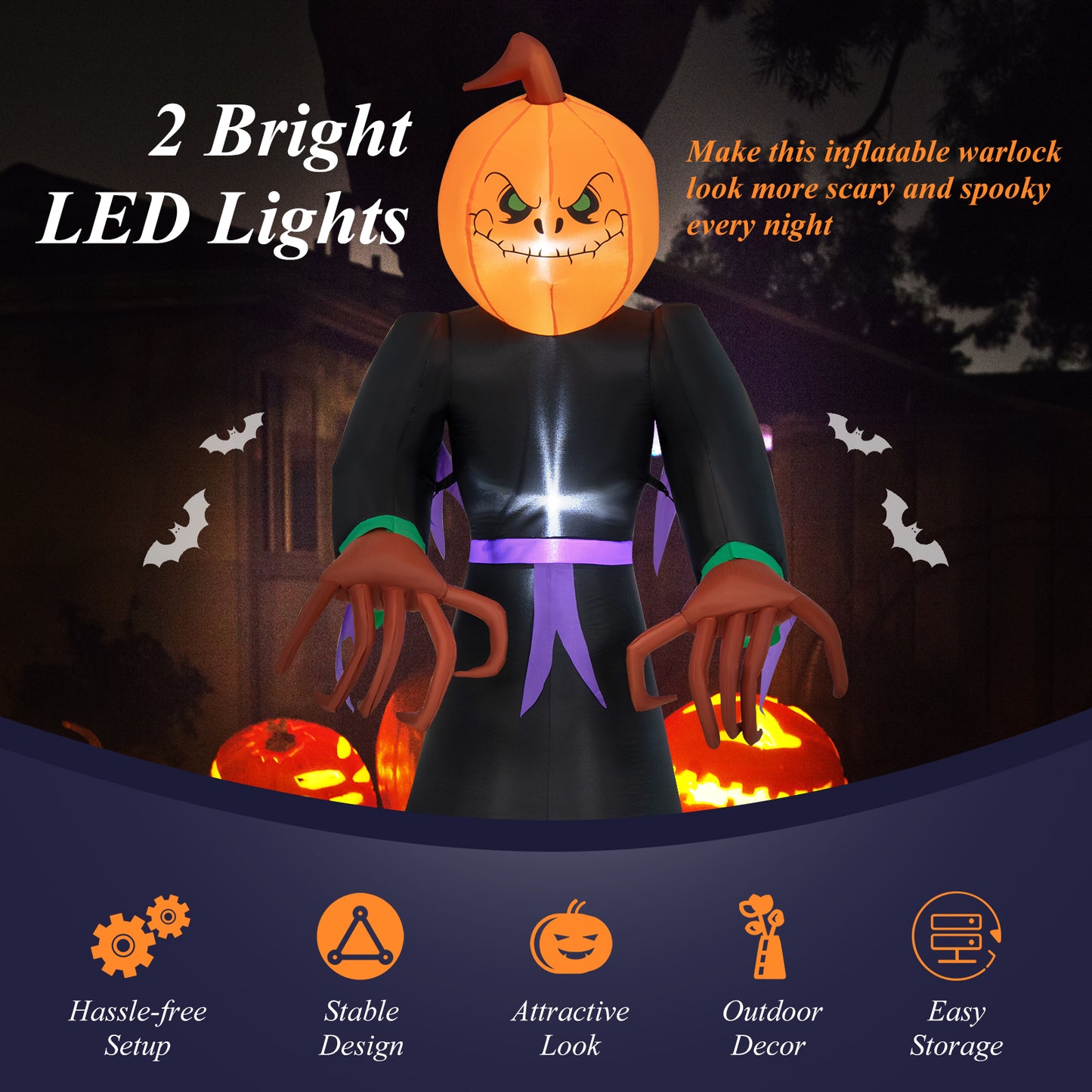 Topbuy 6.5 FT Halloween Inflatable Pumpkin Reaper Giant Blow up Ghost Decoration w/Pumpkin Face Built-in Lights Ground Stakes