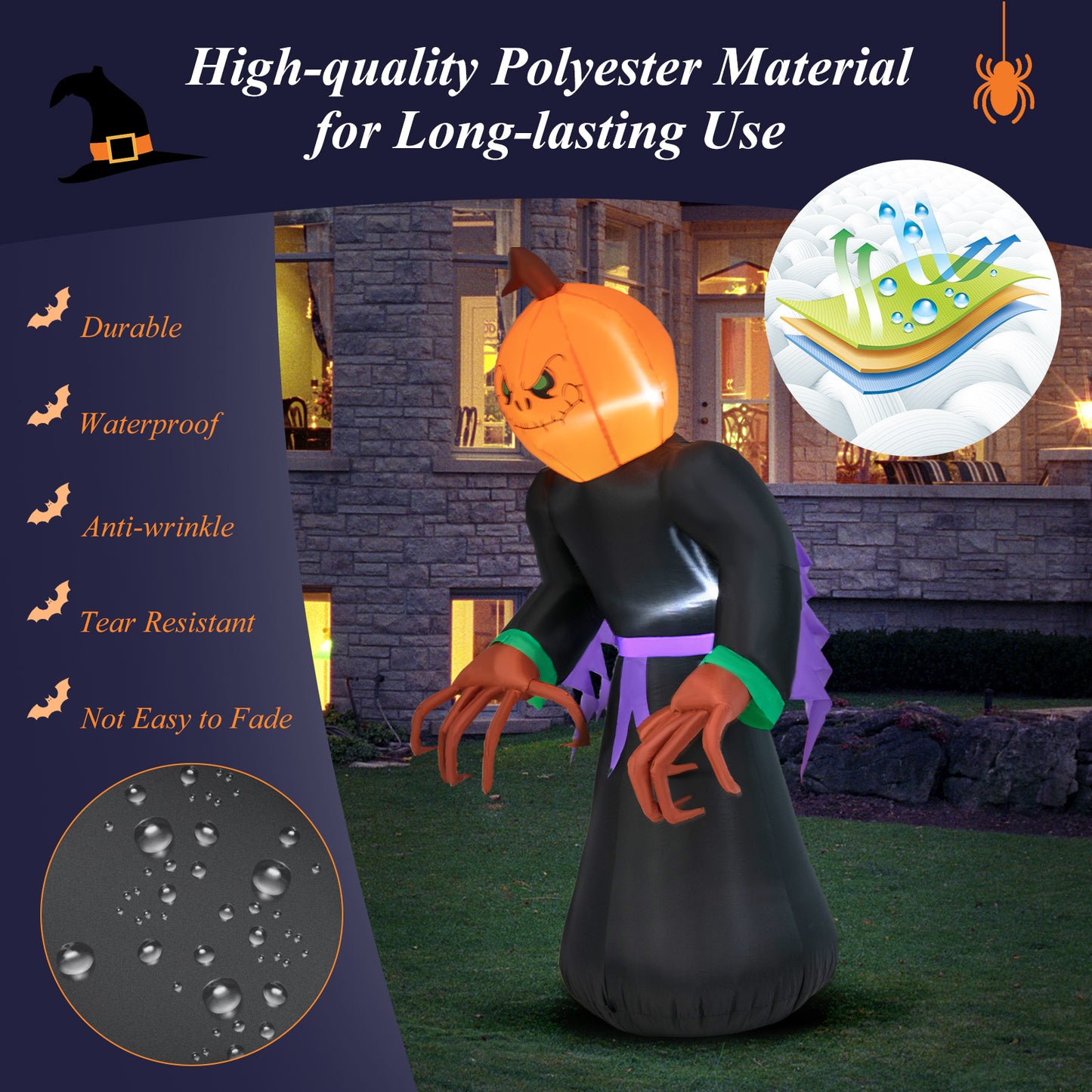 Topbuy 6.5 FT Halloween Inflatable Pumpkin Reaper Giant Blow up Ghost Decoration w/Pumpkin Face Built-in Lights Ground Stakes
