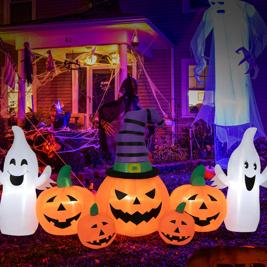 Topbuy 9FT Long Halloween Inflatable Pumpkins Self Inflating Halloween Pumpkin Patch Lanterns w/ 2 Ghosts LED Lights Waterproof Blower