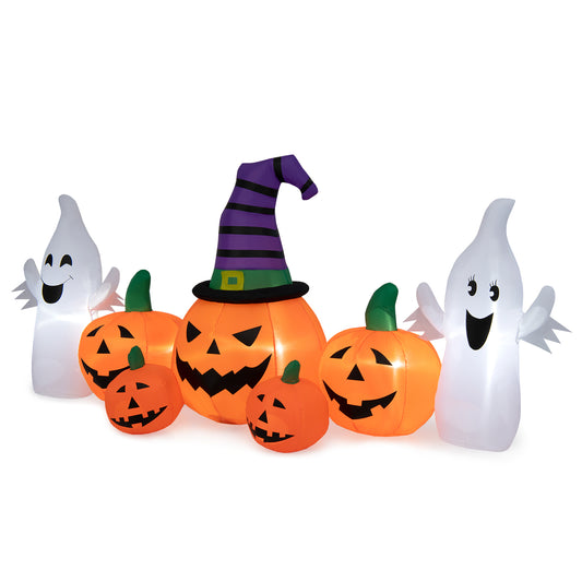 Topbuy 9FT Long Halloween Inflatable Pumpkins Self Inflating Halloween Pumpkin Patch Lanterns w/ 2 Ghosts LED Lights Waterproof Blower