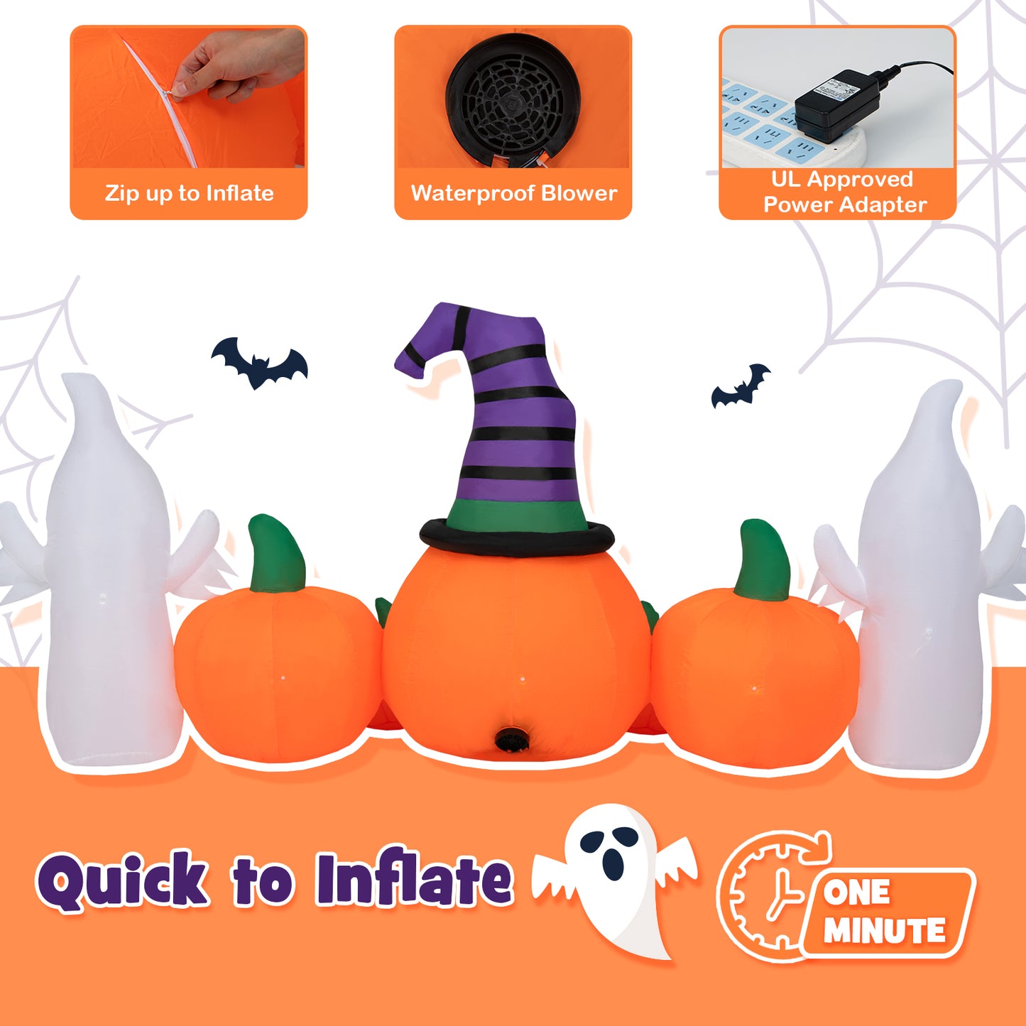 Topbuy 9FT Long Halloween Inflatable Pumpkins Self Inflating Halloween Pumpkin Patch Lanterns w/ 2 Ghosts LED Lights Waterproof Blower