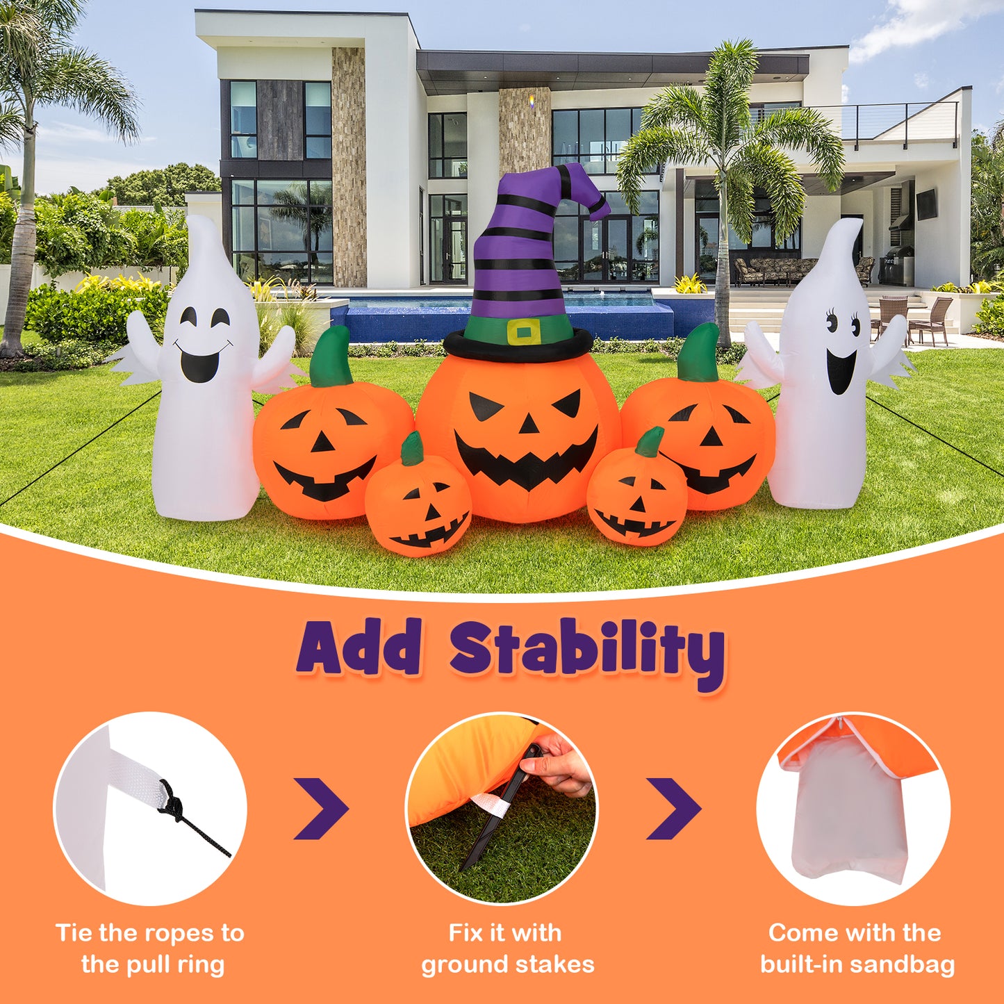 Topbuy 9FT Long Halloween Inflatable Pumpkins Self Inflating Halloween Pumpkin Patch Lanterns w/ 2 Ghosts LED Lights Waterproof Blower