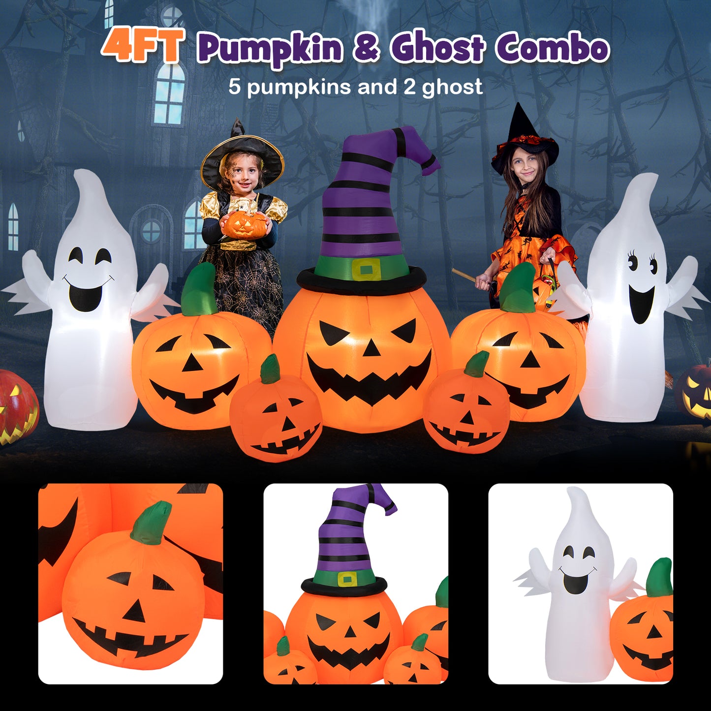 Topbuy 9FT Long Halloween Inflatable Pumpkins Self Inflating Halloween Pumpkin Patch Lanterns w/ 2 Ghosts LED Lights Waterproof Blower
