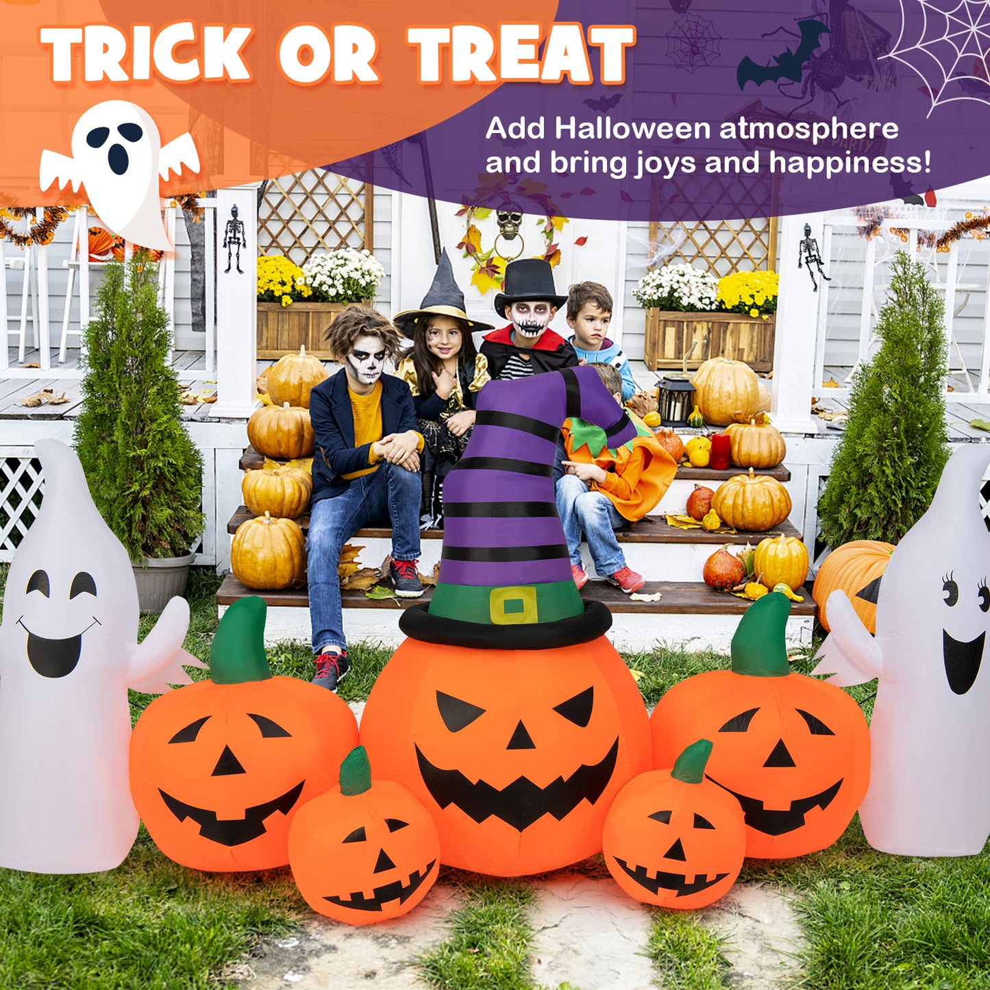 Topbuy 9FT Long Halloween Inflatable Pumpkins Self Inflating Halloween Pumpkin Patch Lanterns w/ 2 Ghosts LED Lights Waterproof Blower