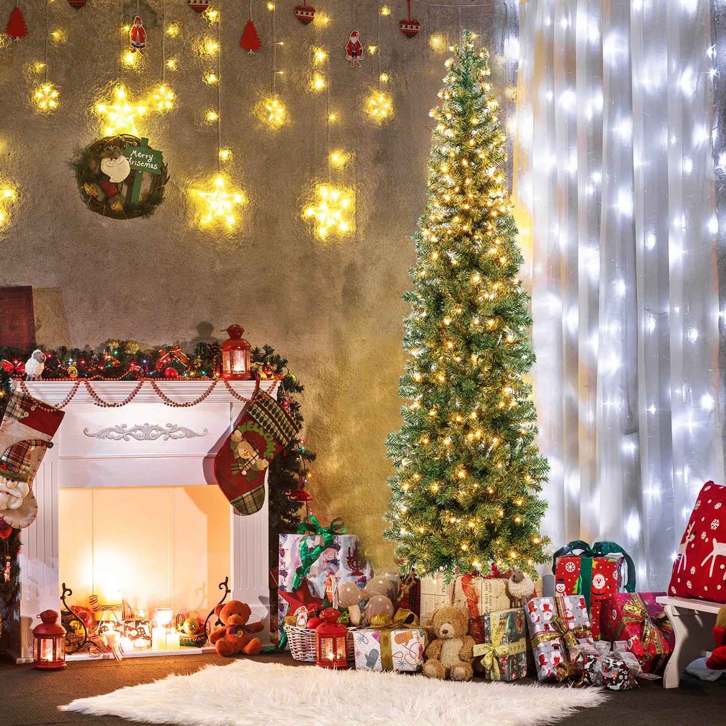 Topbuy 7 FT Pre-lit Half-Shape Christmas Tree Artificial Xmas Tree w/450 Branch Tips & 150 Warm White Lights, Seasonal Holiday Decoration tree w/Metal Base