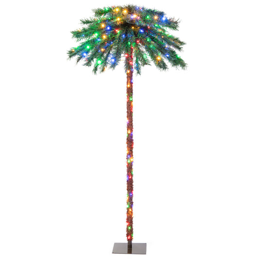 Topbuy 6FT Christmas Palm Tree Pre-lit Tropical Style Palm Tree w/210 4-Color LED Lights 64 Branch Tips & Metal Base